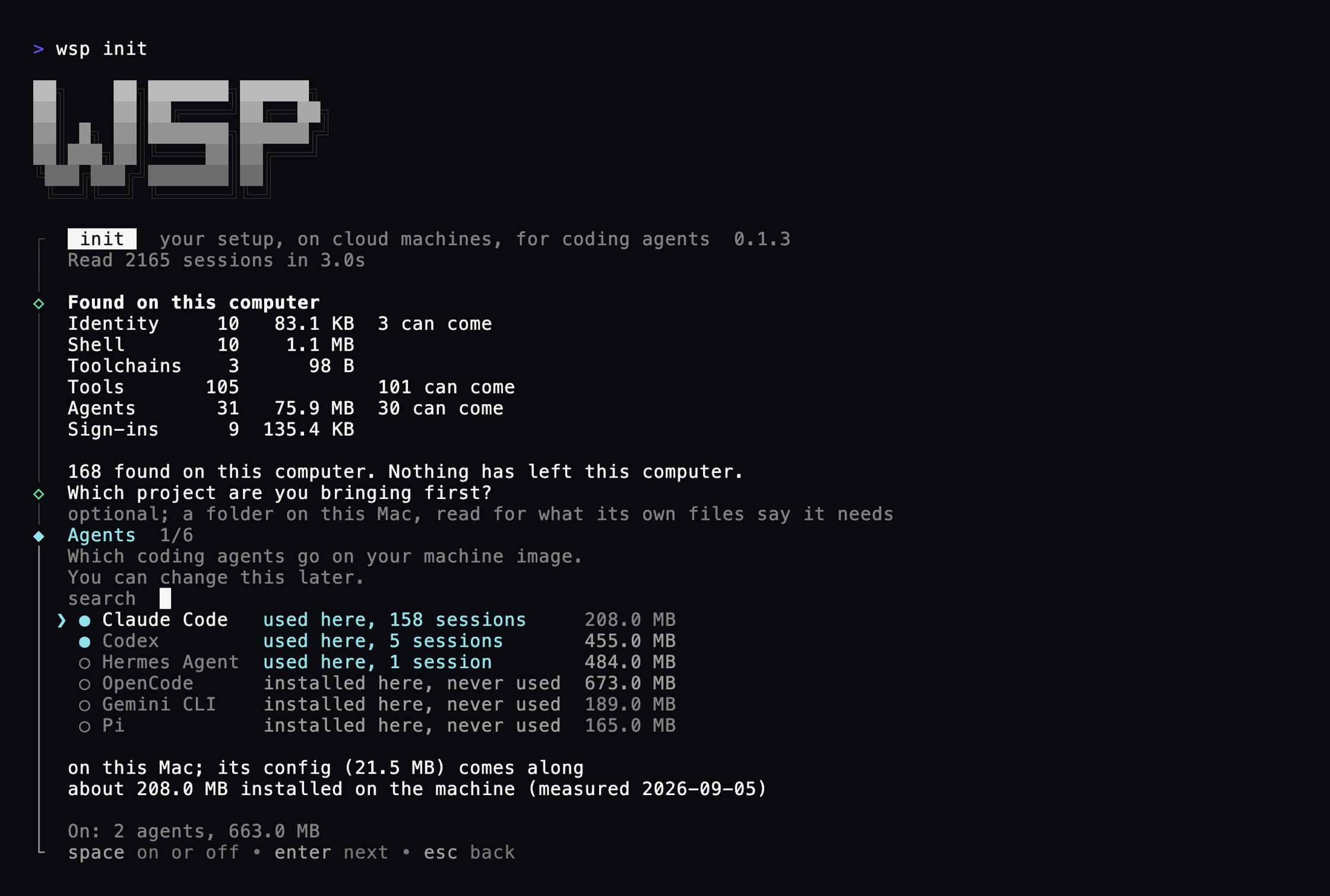 The Agents screen: six agents found on this computer, the two that ran here ticked, each with its session count and size