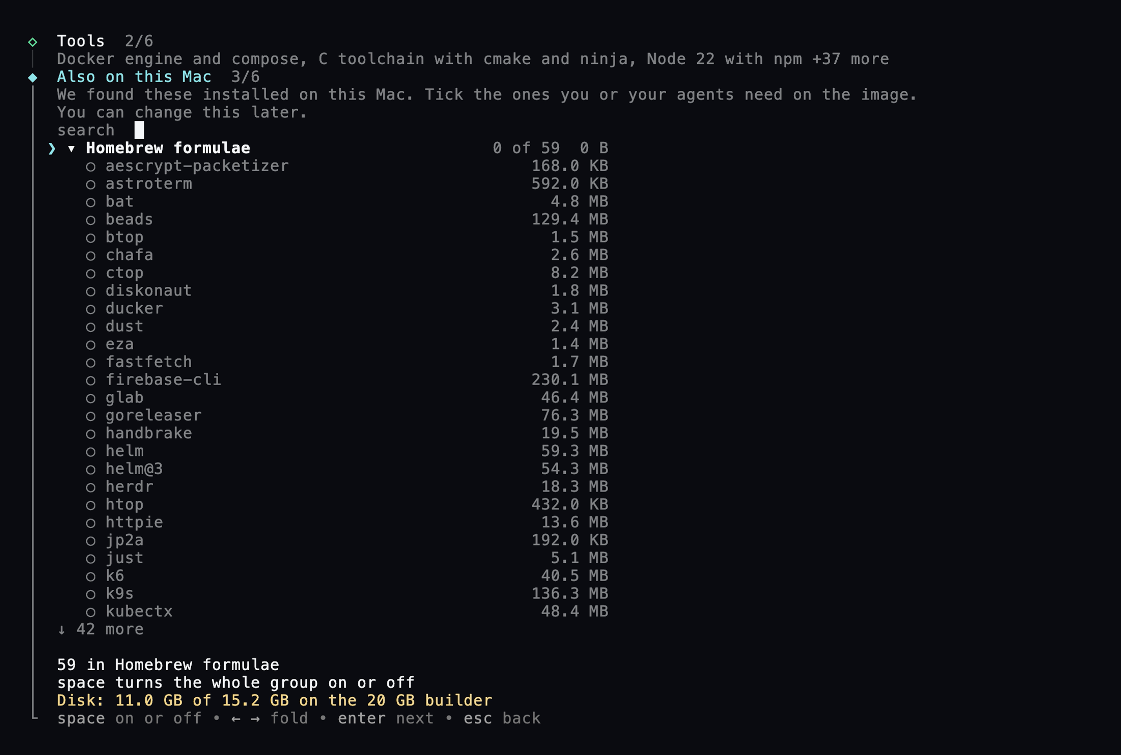 The Also on this Mac screen: Homebrew formulae found on this computer, all unticked, each with its size