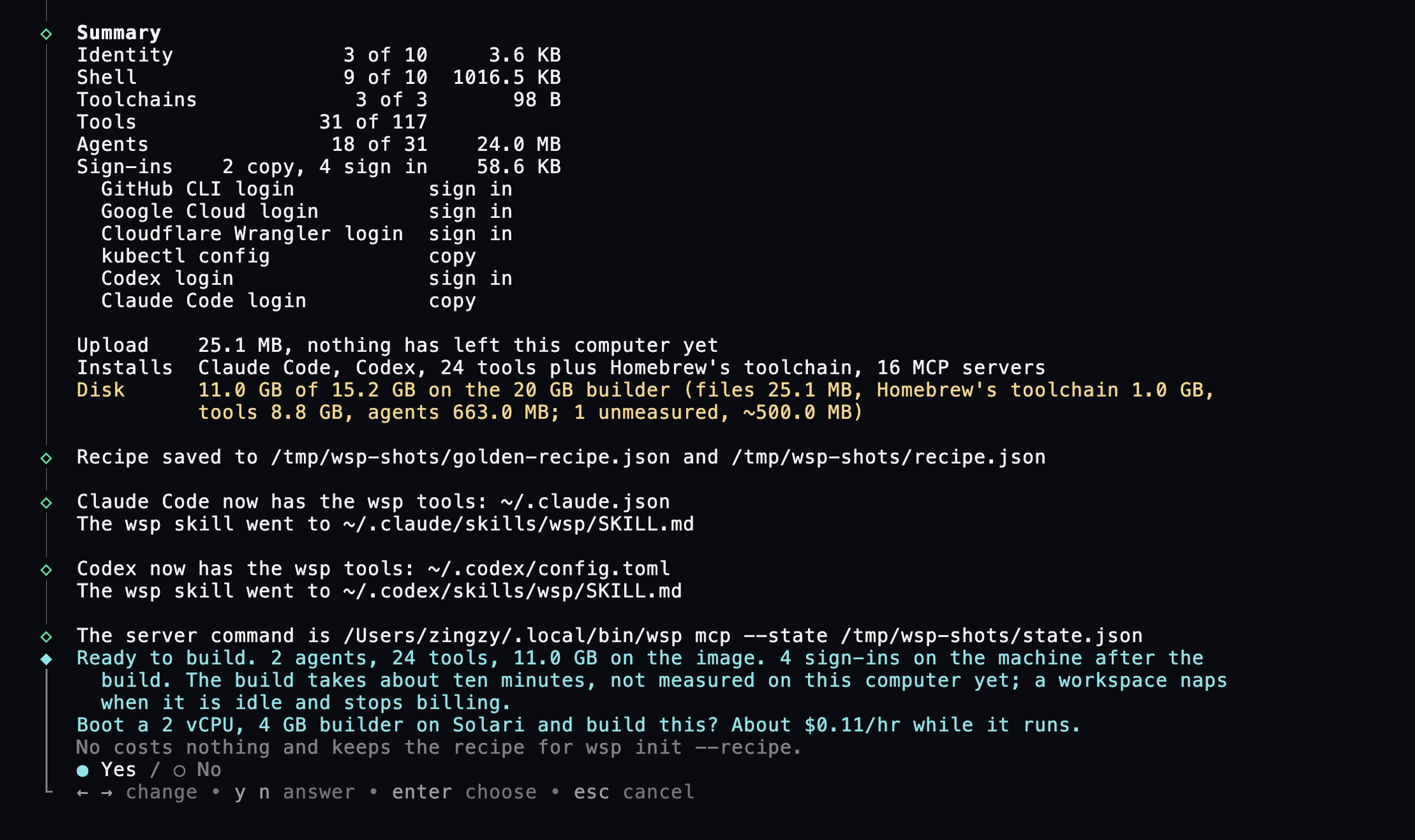 The Build confirm: the summary of what comes along, the disk estimate against the builder, the recipe path, and the question naming the builder size and its hourly price