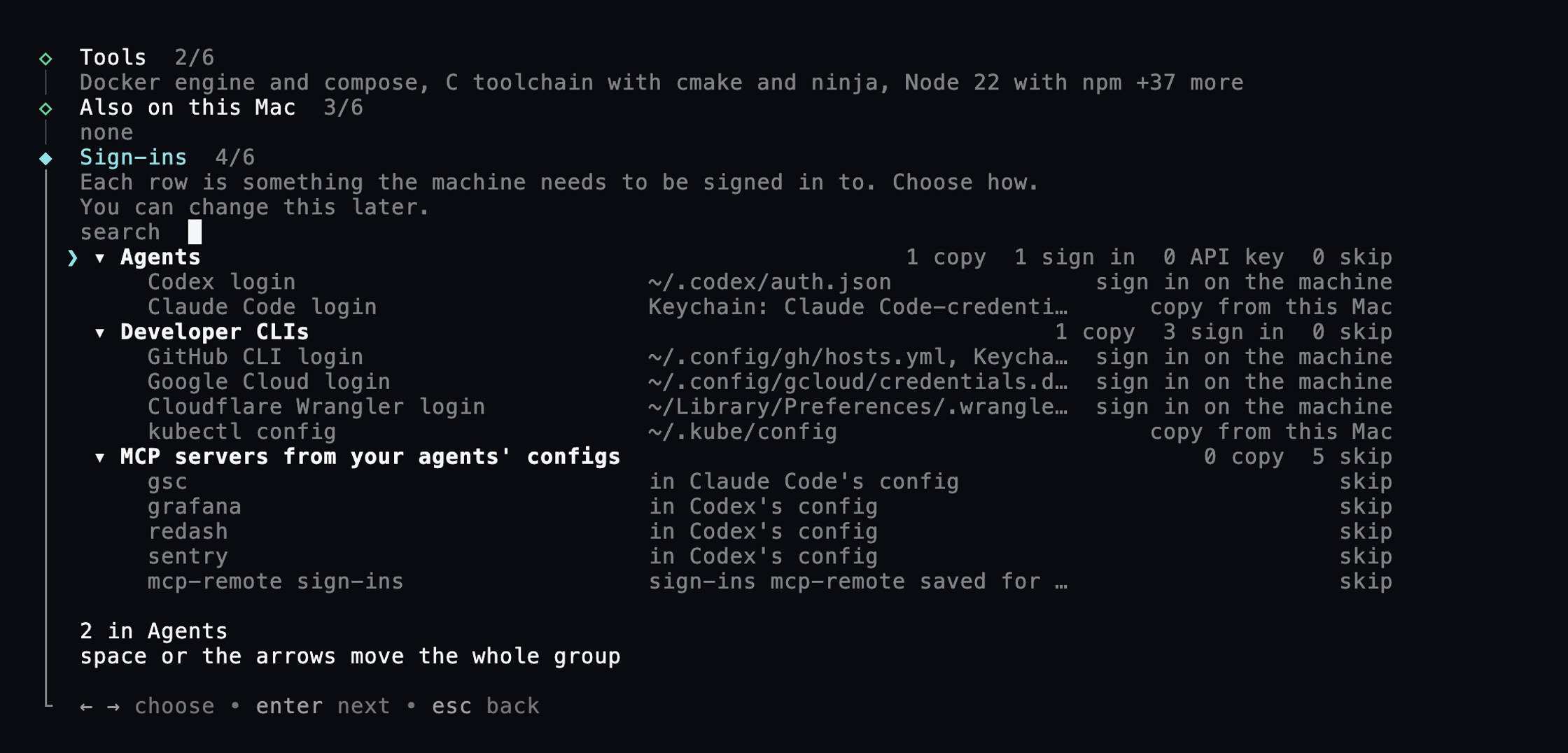 The Sign-ins screen: agent logins, developer CLI logins and MCP servers, each row with where the login lives and whether it copies, signs in on the machine or is skipped