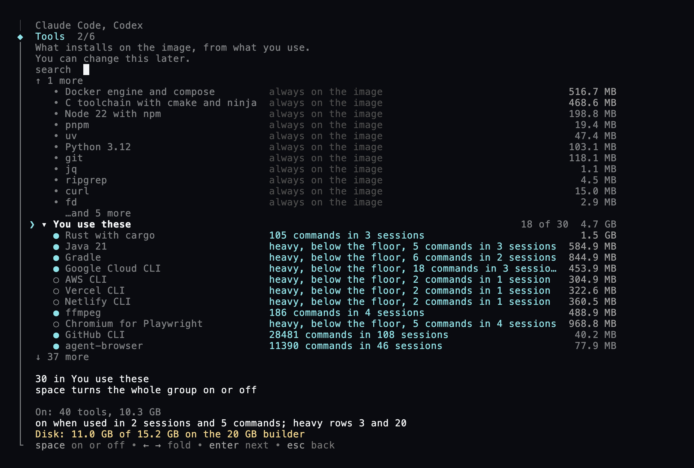 The Tools screen: the always-on floor tools, then the You use these group with why each row is on and its size, and the disk line at the bottom