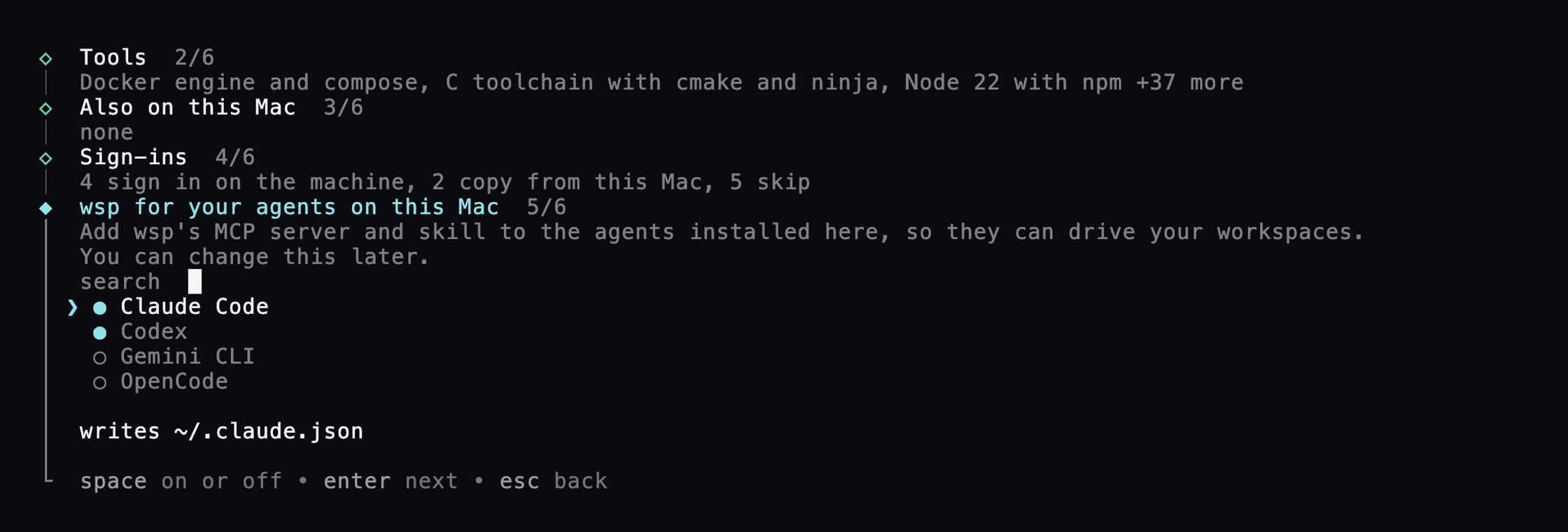 The wsp for your agents on this Mac screen: Claude Code and Codex ticked, Gemini CLI and OpenCode unticked, and the file each tick writes